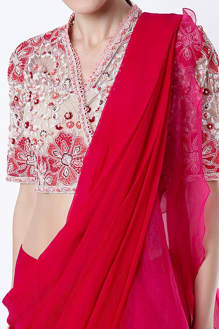 Fuchsia Ruffled Draped Reception Saree Set by Ridhi Mehra at Pernia's Pop Up Shop