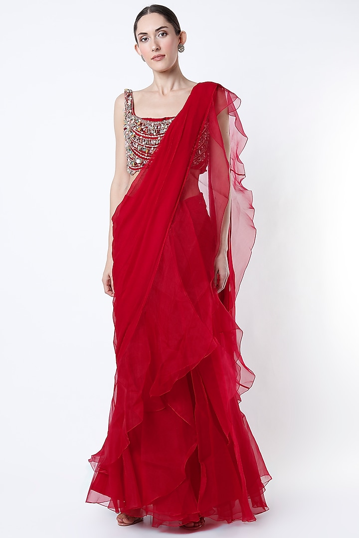 Red Chiffon Saree Set by Ridhi Mehra
