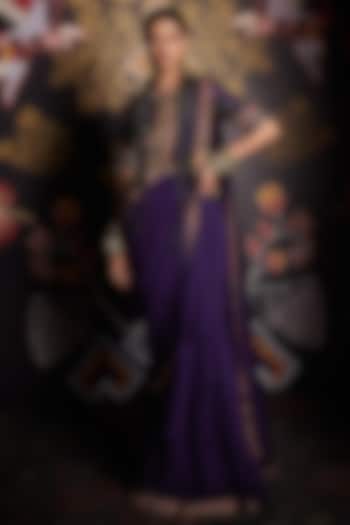 Ripe Plum Purple Chiffon Draped Saree Set by Ridhi Mehra