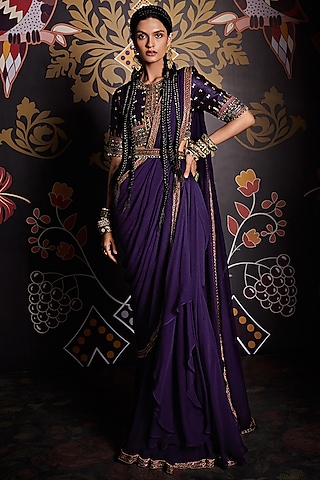 Ripe Plum Purple Chiffon Draped Saree Set by Ridhi Mehra
