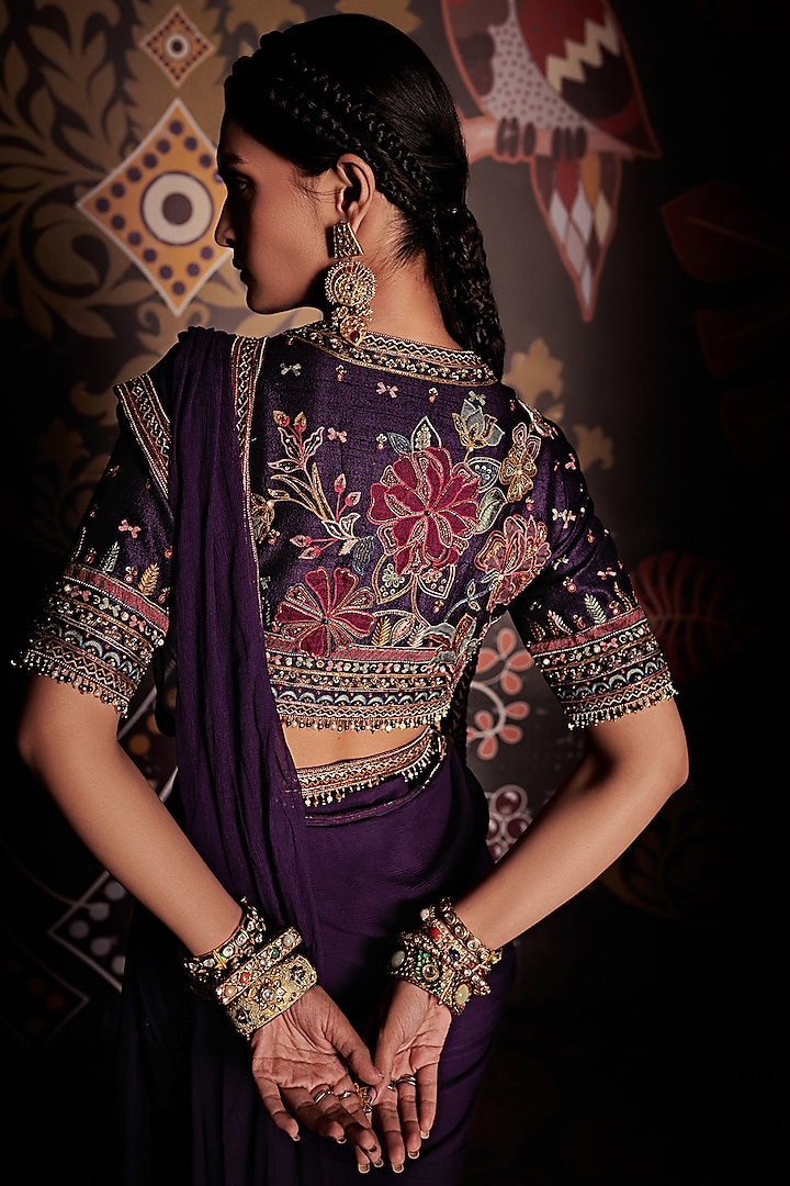 Ripe Plum Purple Chiffon Draped Reception Saree Set by Ridhi Mehra at Pernia's Pop Up Shop