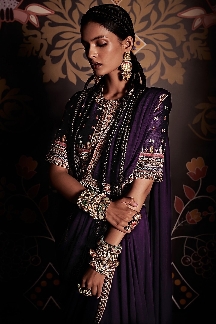 Ripe Plum Purple Chiffon Draped Reception Saree Set by Ridhi Mehra at Pernia's Pop Up Shop