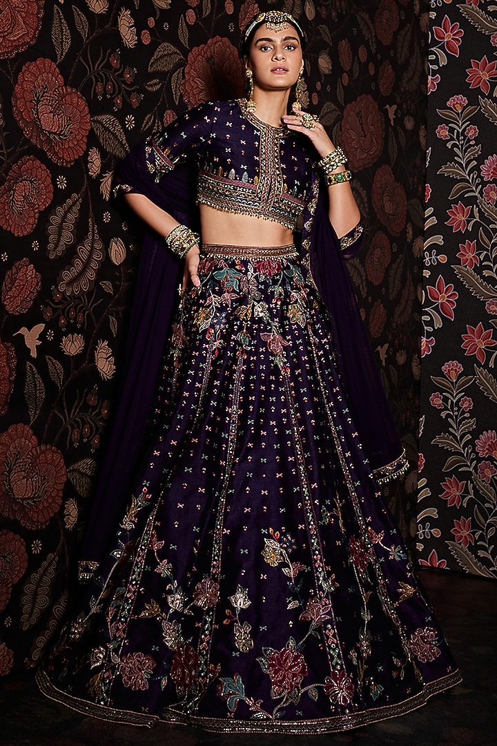 Ripe Plum Purple Embroidered Bridal Lehenga Set by Ridhi Mehra at Pernia's Pop Up Shop