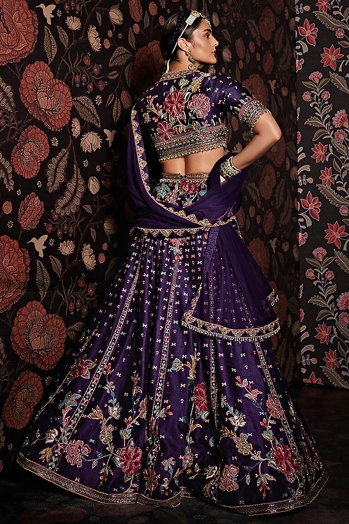 Ripe Plum Purple Embroidered Bridal Lehenga Set by Ridhi Mehra at Pernia's Pop Up Shop