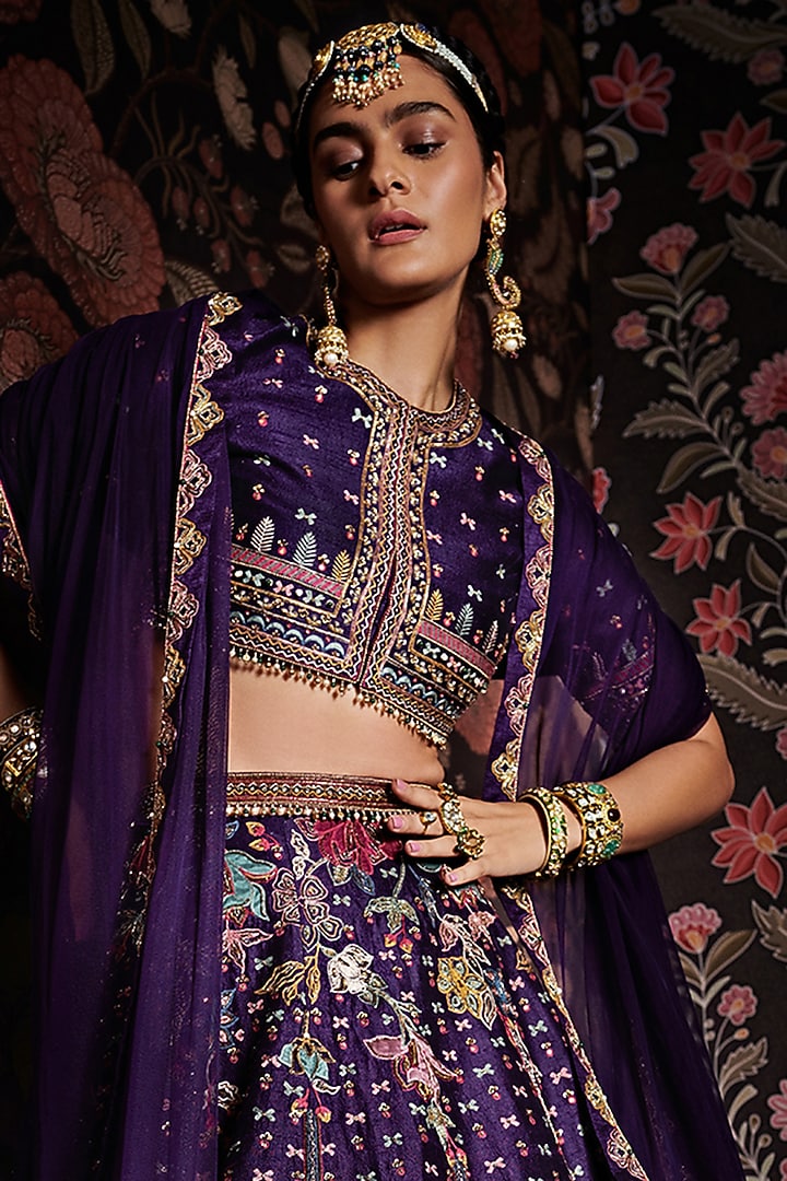 Ripe Plum Purple Embroidered Bridal Lehenga Set by Ridhi Mehra at Pernia's Pop Up Shop