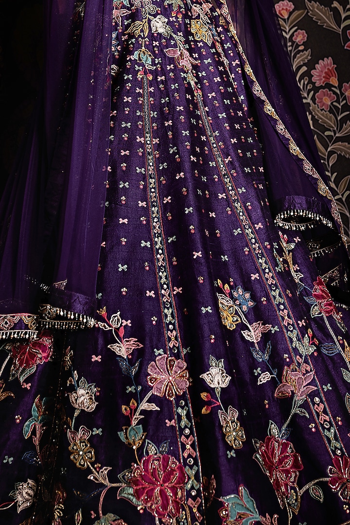Ripe Plum Purple Embroidered Bridal Lehenga Set by Ridhi Mehra at Pernia's Pop Up Shop