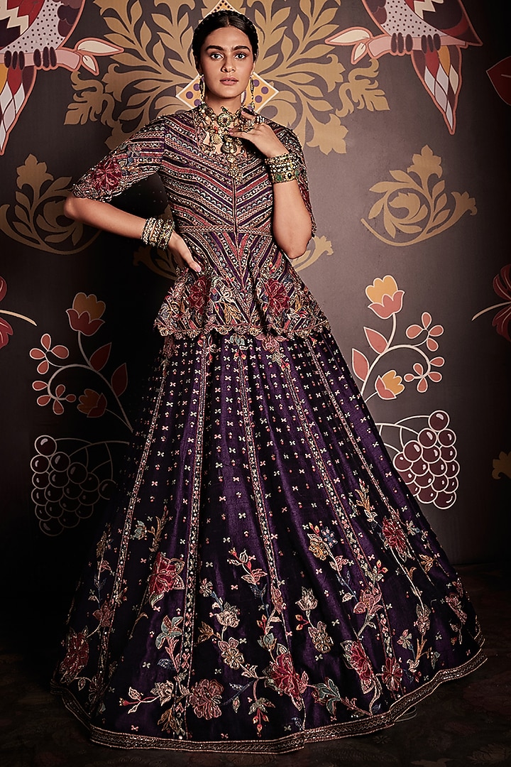 Ripe Plum Purple Bridal Lehenga Set With Embroidery by Ridhi Mehra at Pernia's Pop Up Shop