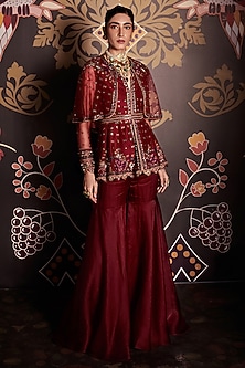 Burgundy Organza Gharara Set by Ridhi Mehra-TROUSSEAU