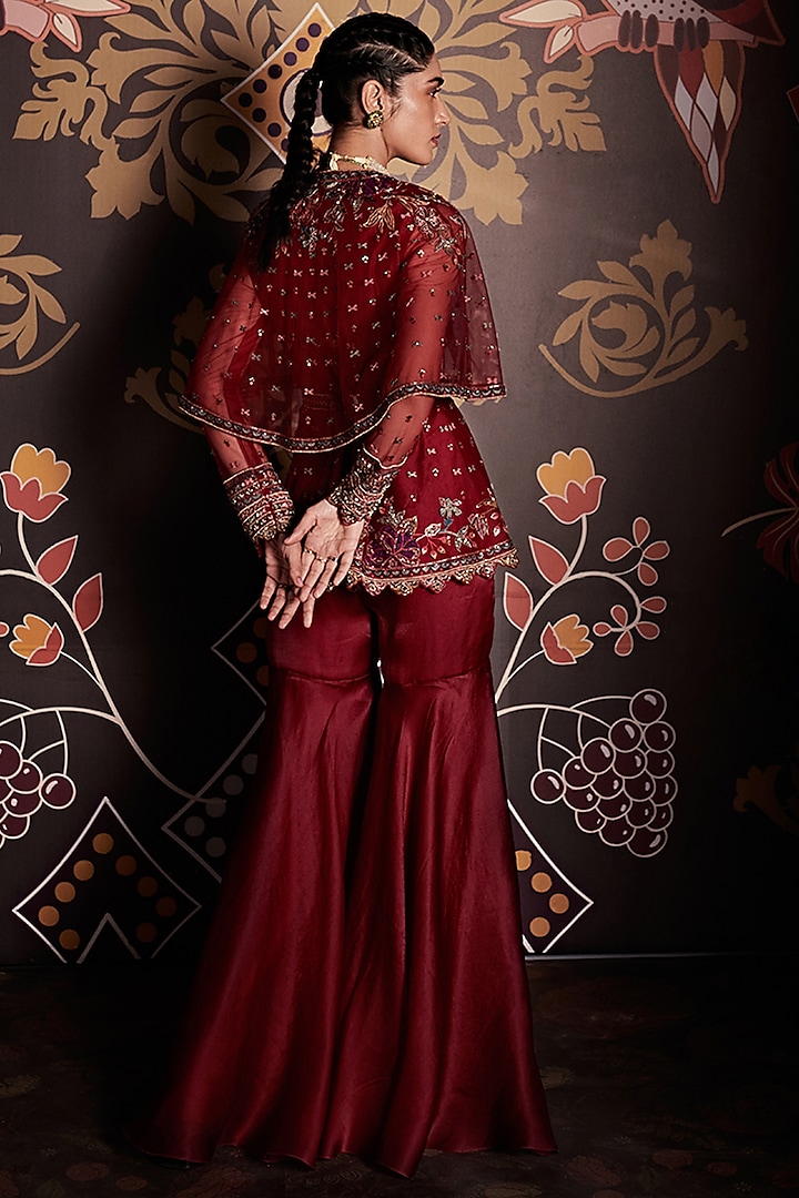 Burgundy Organza Gharara Set by Ridhi Mehra at Pernia's Pop Up Shop