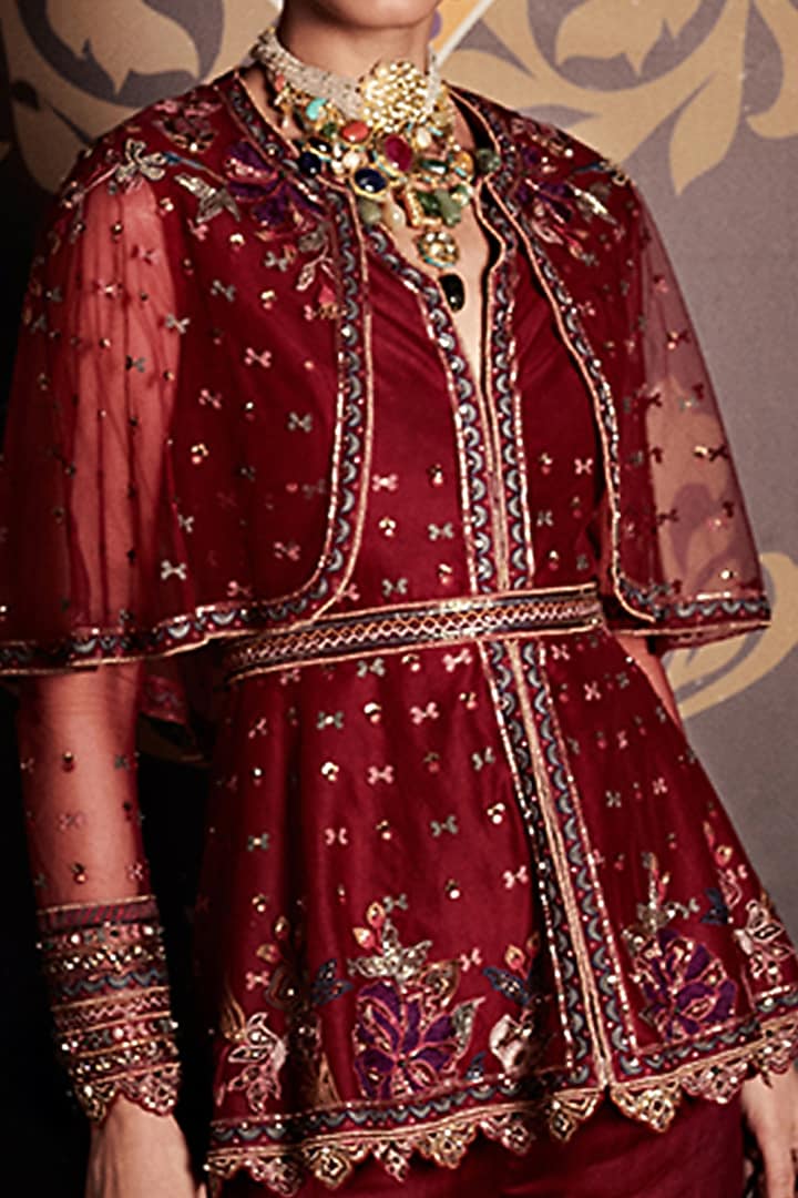 Burgundy Organza Gharara Set by Ridhi Mehra at Pernia's Pop Up Shop