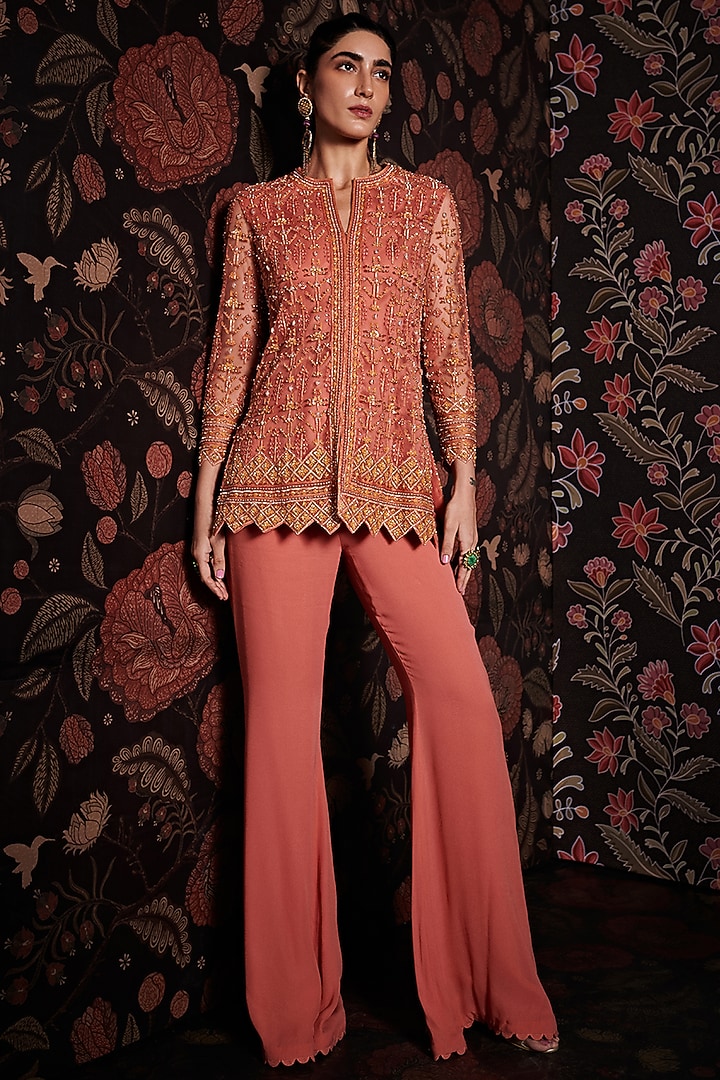 Tea Rose Pink Embroidered Jacket Set by Ridhi Mehra at Pernia's Pop Up Shop