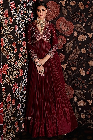 Burgundy Embroidered Anarkali Set by ridhi mehra