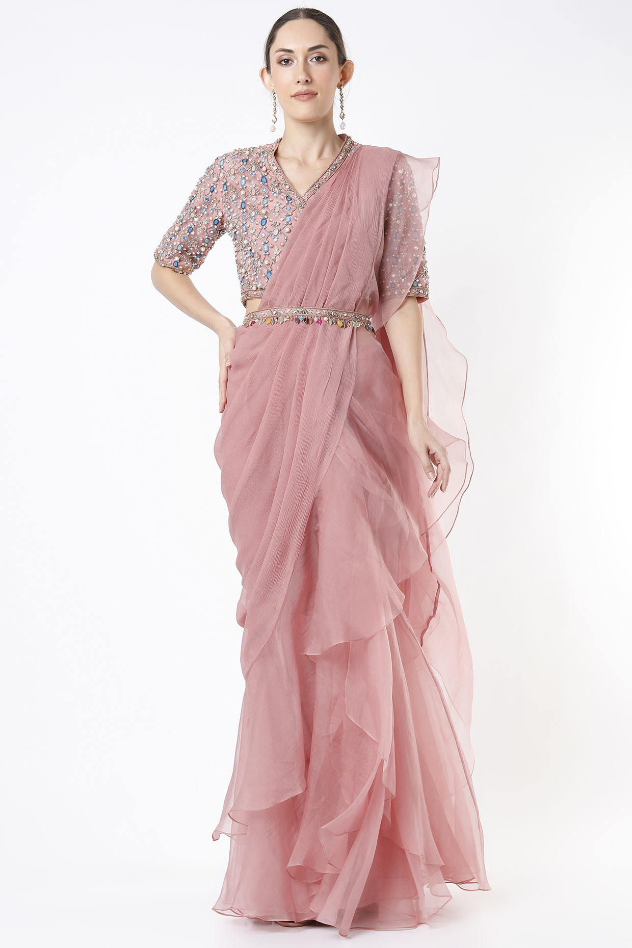 Onion Pink Chiffon Organza Ruffle Draped Reception Saree Set With Belt by Ridhi Mehra at Pernia's Pop Up Shop