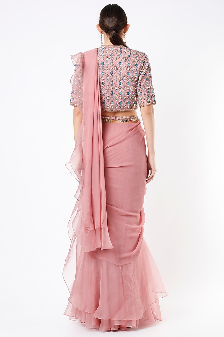 Onion Pink Chiffon Organza Ruffle Draped Reception Saree Set With Belt by Ridhi Mehra at Pernia's Pop Up Shop