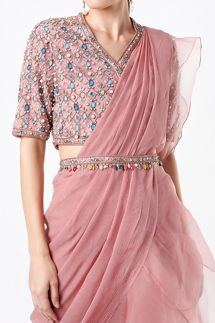 Onion Pink Chiffon Organza Ruffle Draped Reception Saree Set With Belt by Ridhi Mehra at Pernia's Pop Up Shop