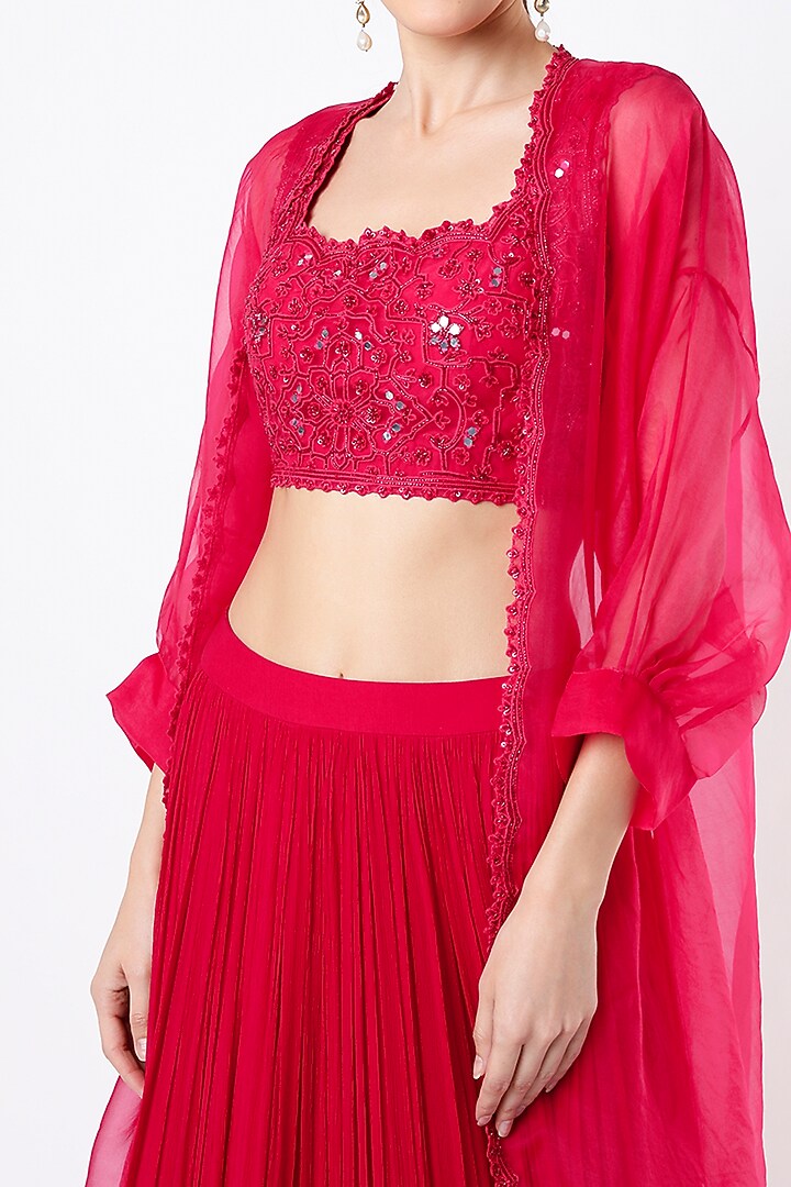 Deep Fuchsia Chiffon Skirt Set With Cape by Ridhi Mehra at Pernia's Pop Up Shop
