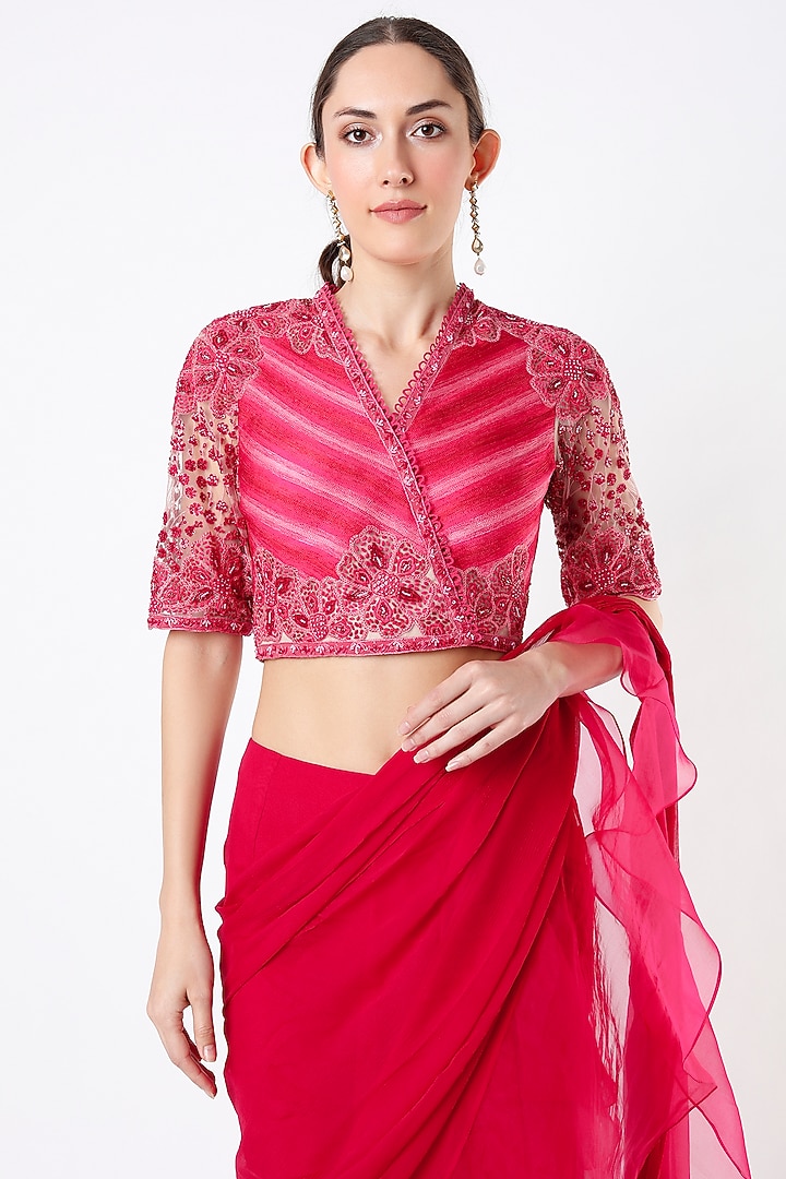 Deep Fuchsia Chiffon & Organza Draped Reception Saree Set by Ridhi Mehra at Pernia's Pop Up Shop