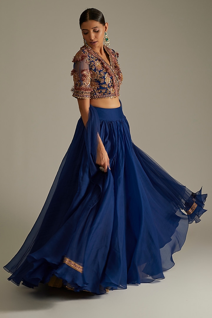 Deep Blue Organza Lehenga Set by Ridhi Mehra