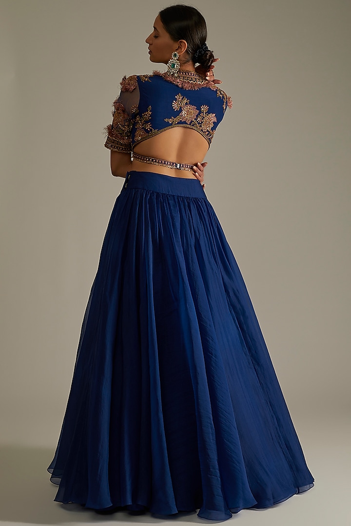 Deep Blue Organza Wedding Lehenga Set by Ridhi Mehra at Pernia's Pop Up Shop