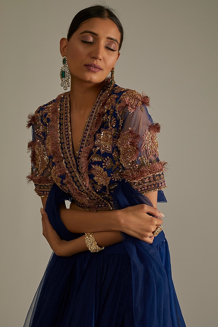 Deep Blue Organza Wedding Lehenga Set by Ridhi Mehra at Pernia's Pop Up Shop