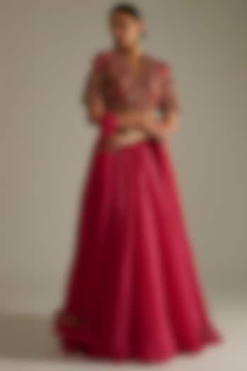 Deep Fuchsia Organza Wedding Lehenga Set by Ridhi Mehra at Pernia's Pop Up Shop