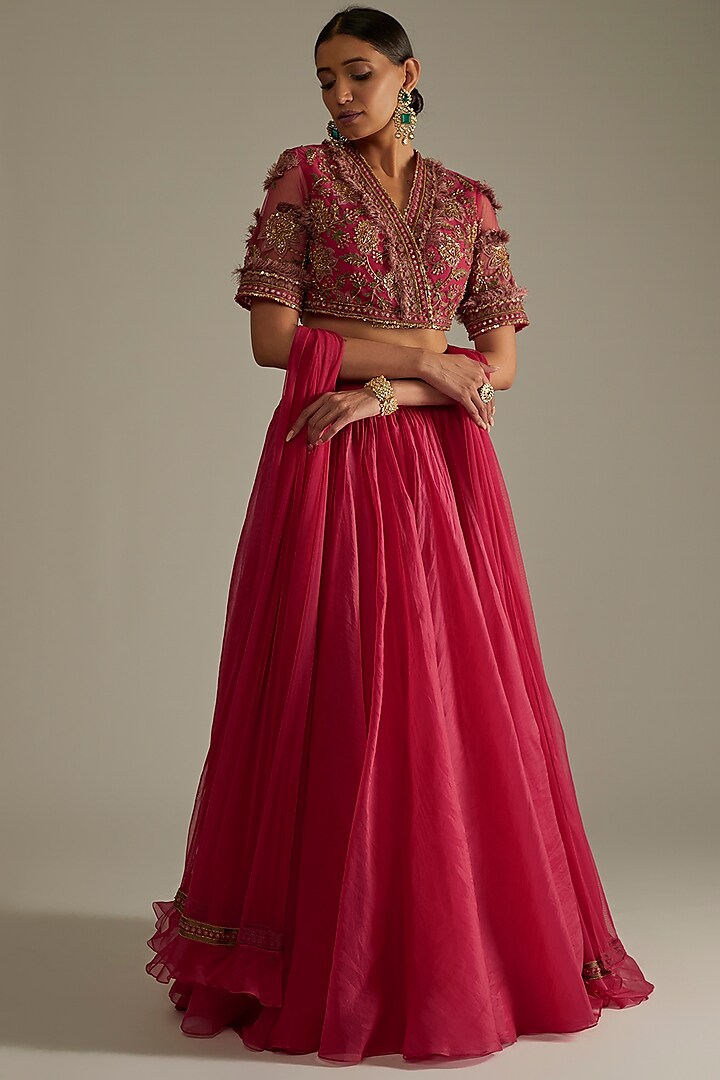 Deep Fuchsia Organza Wedding Lehenga Set by Ridhi Mehra at Pernia's Pop Up Shop