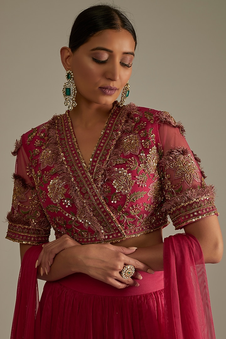 Deep Fuchsia Organza Wedding Lehenga Set by Ridhi Mehra at Pernia's Pop Up Shop