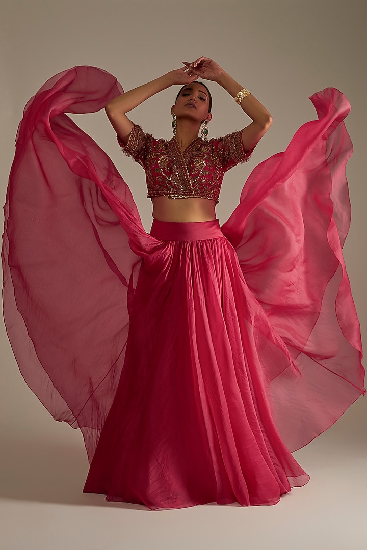 Deep Fuchsia Organza Wedding Lehenga Set by Ridhi Mehra at Pernia's Pop Up Shop