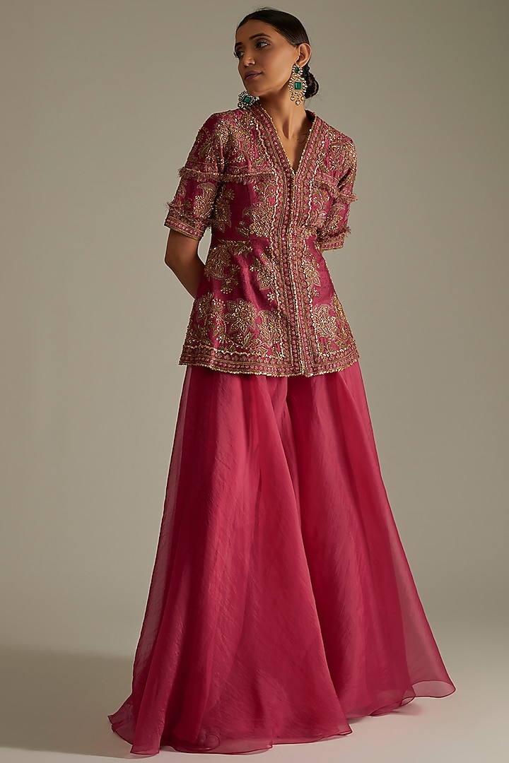 Deep Fuchsia Organza Bridal Sharara Set by Ridhi Mehra at Pernia's Pop Up Shop