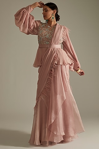 Blush Pink Chiffon & Organza Draped Saree Set by Ridhi Mehra