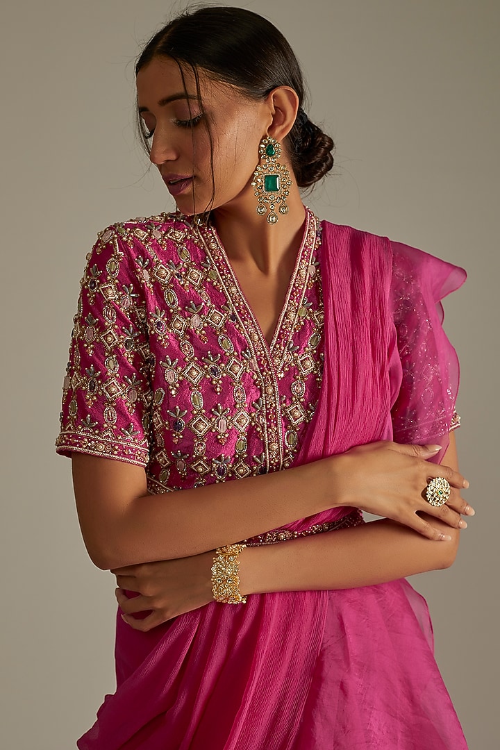Fuchsia Chiffon Organza Draped Reception Saree Set by Ridhi Mehra at Pernia's Pop Up Shop