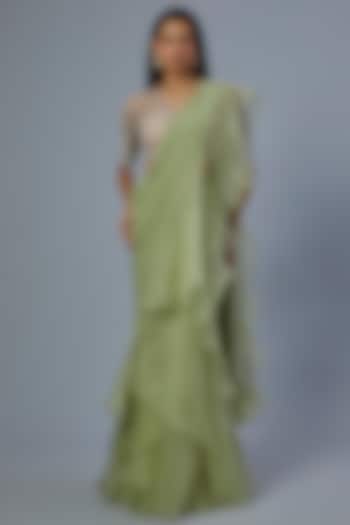 Mint Green Chiffon Organza Draped Ruffled Saree Set by Ridhi Mehra