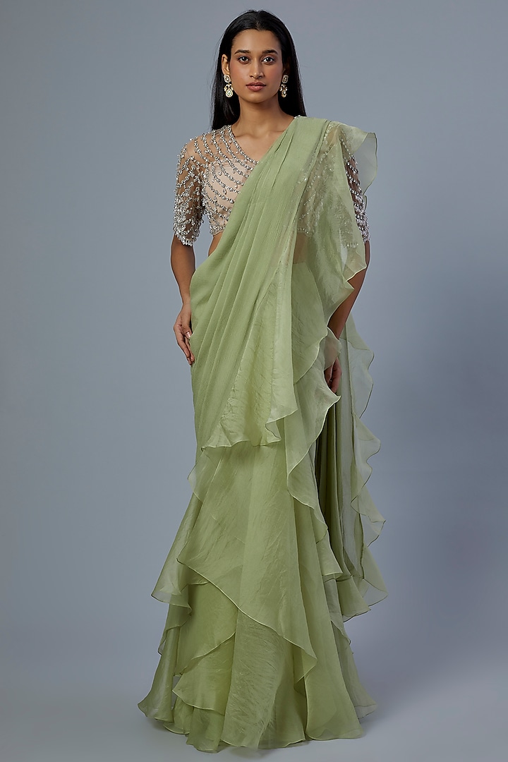 Mint Green Chiffon Draped Ruffled Saree Set by Ridhi Mehra