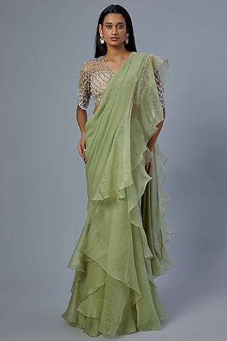 Mint Green Chiffon Organza Draped Ruffled Saree Set by Ridhi Mehra