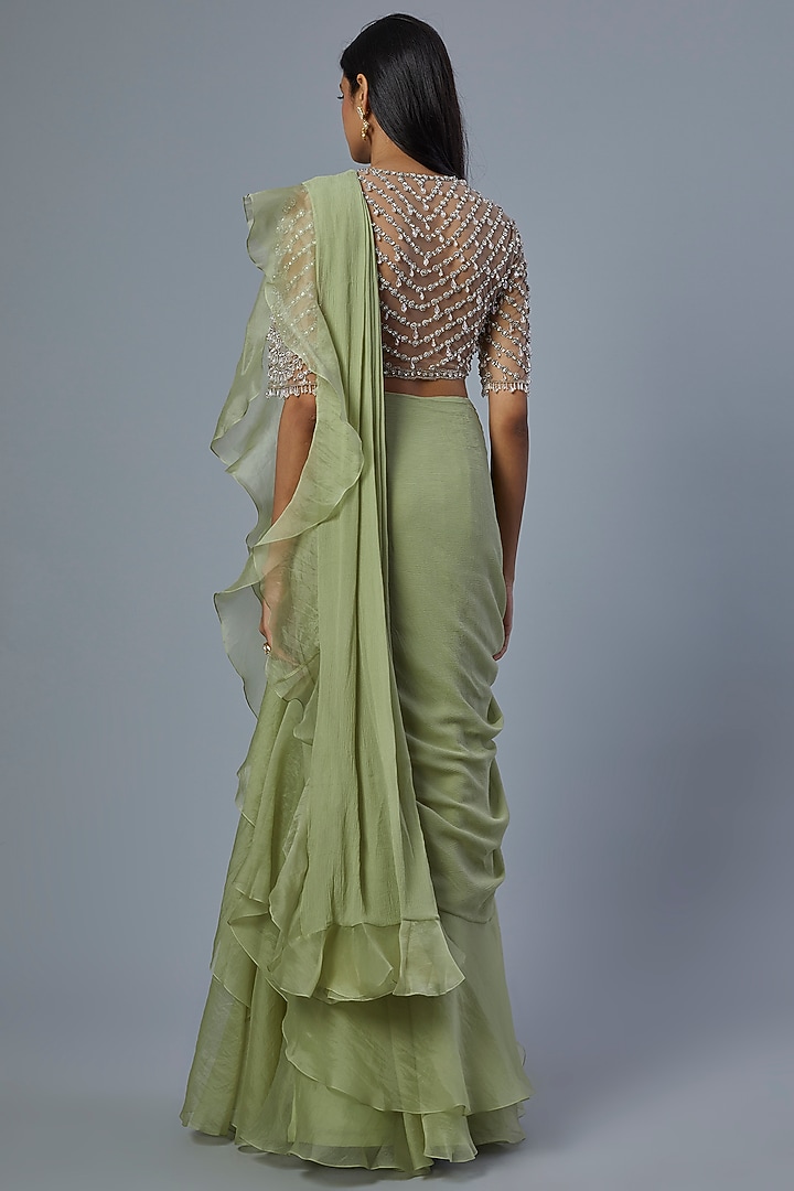 Mint Green Chiffon Organza Draped Ruffled Reception Saree Set by Ridhi Mehra at Pernia's Pop Up Shop