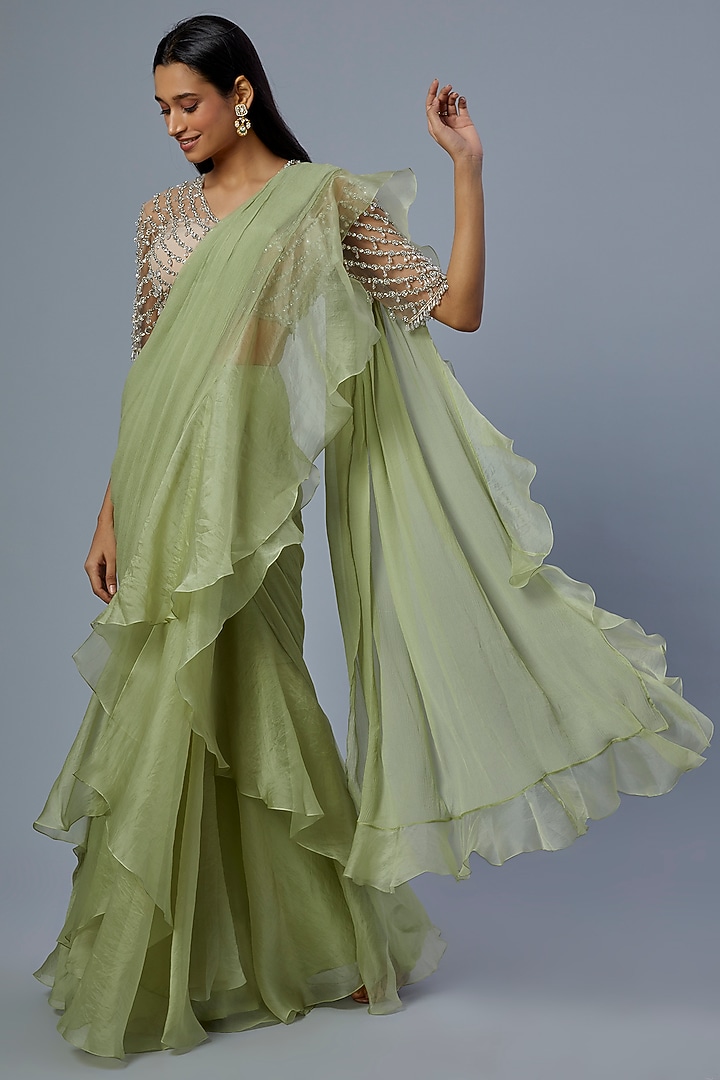 Mint Green Chiffon Organza Draped Ruffled Reception Saree Set by Ridhi Mehra at Pernia's Pop Up Shop