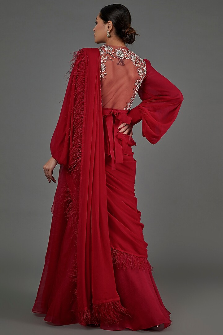 Red Chiffon Organza Embellished Draped Reception Saree Set by Ridhi Mehra at Pernia's Pop Up Shop