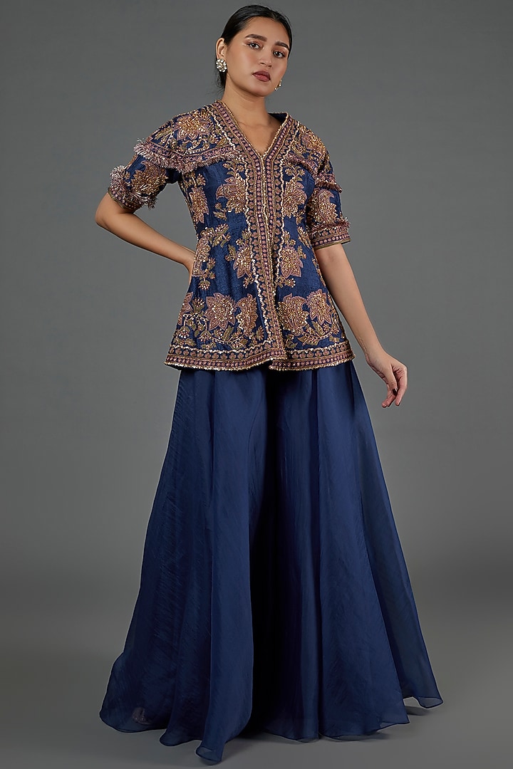 Blue Organza Bridal Sharara Set by Ridhi Mehra at Pernia's Pop Up Shop