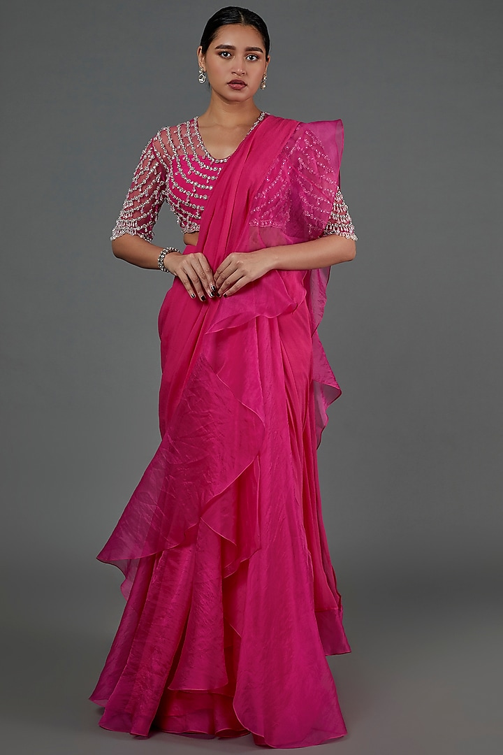 Pink Chiffon Organza Draped Saree Set by Ridhi Mehra