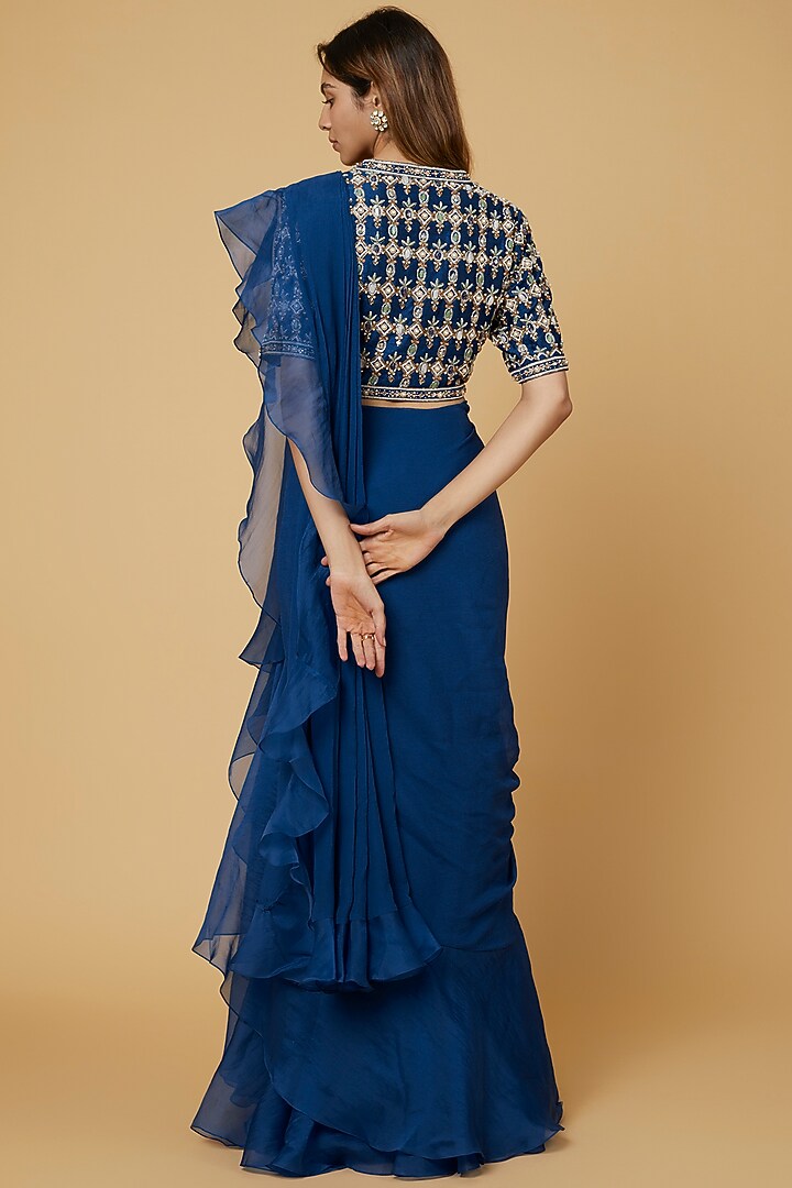 Deep Blue Chiffon Organza Draped Reception Saree Set by Ridhi Mehra at Pernia's Pop Up Shop