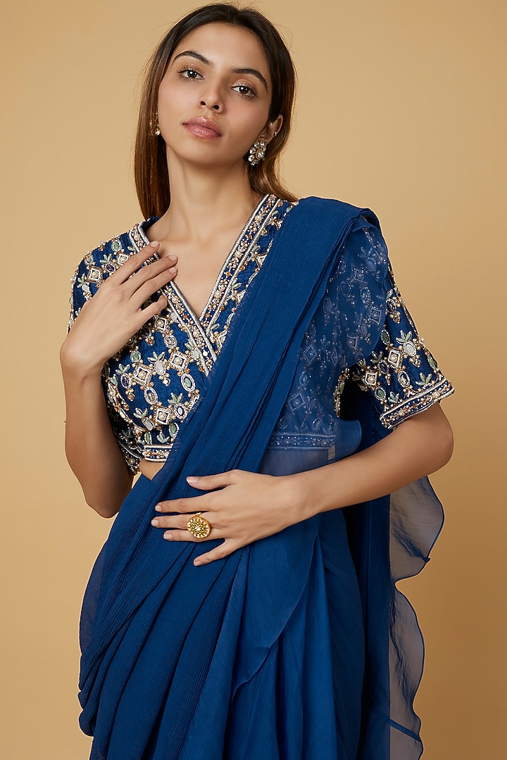 Deep Blue Chiffon Organza Draped Reception Saree Set by Ridhi Mehra at Pernia's Pop Up Shop