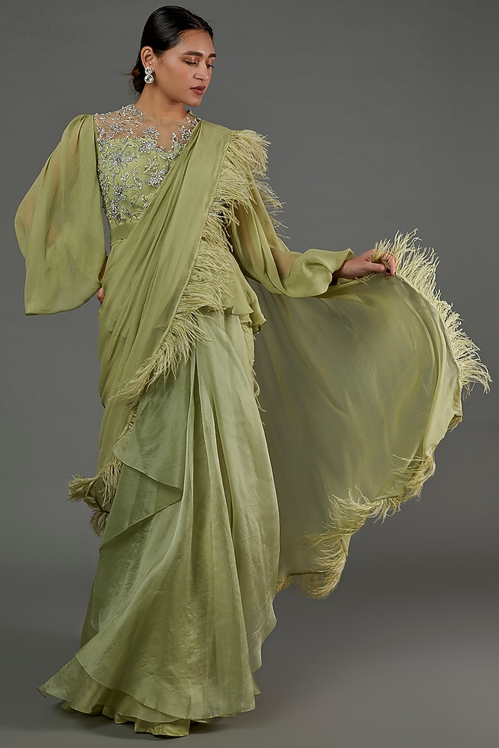 Mint Green Embellished Draped Reception Saree Set by Ridhi Mehra at Pernia's Pop Up Shop