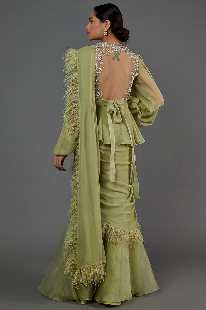 Mint Green Embellished Draped Reception Saree Set by Ridhi Mehra at Pernia's Pop Up Shop