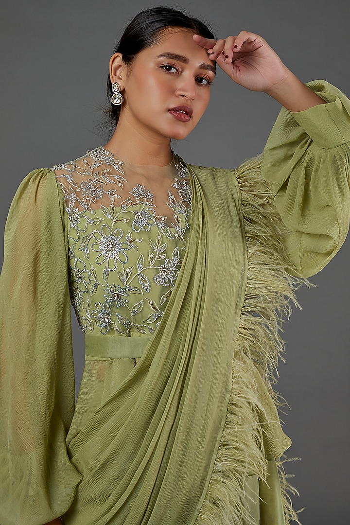 Mint Green Embellished Draped Reception Saree Set by Ridhi Mehra at Pernia's Pop Up Shop