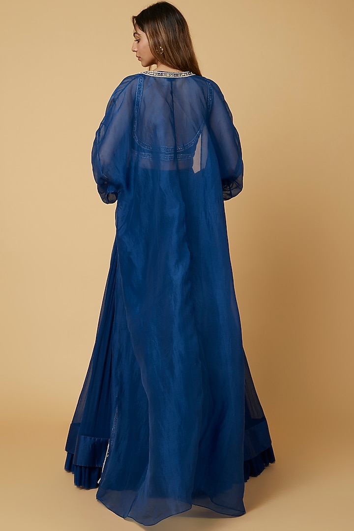 Deep Blue Chiffon Wedding Lehenga Set by Ridhi Mehra at Pernia's Pop Up Shop