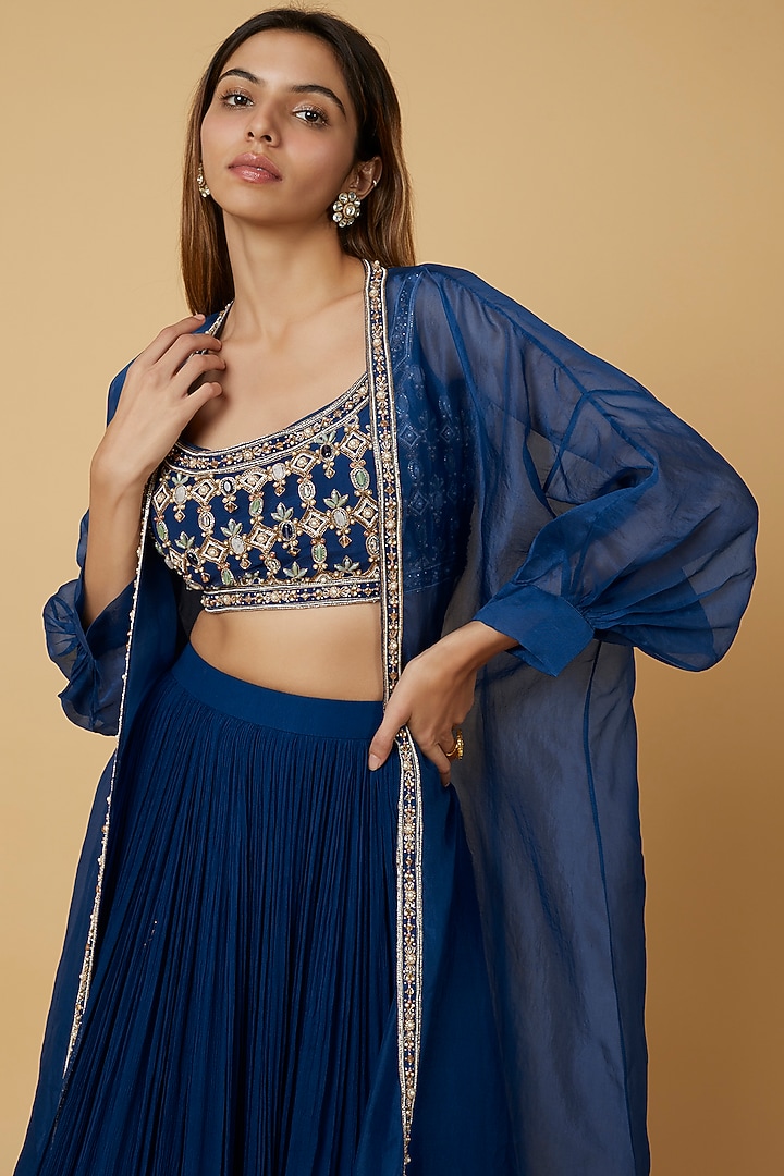 Deep Blue Chiffon Wedding Lehenga Set by Ridhi Mehra at Pernia's Pop Up Shop
