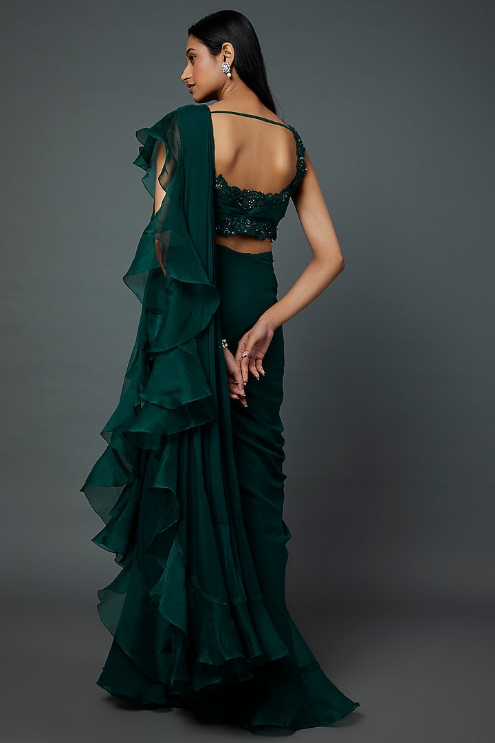 Emerald Green Chiffon & Organza Draped Ruffled Reception Saree by Ridhi Mehra at Pernia's Pop Up Shop
