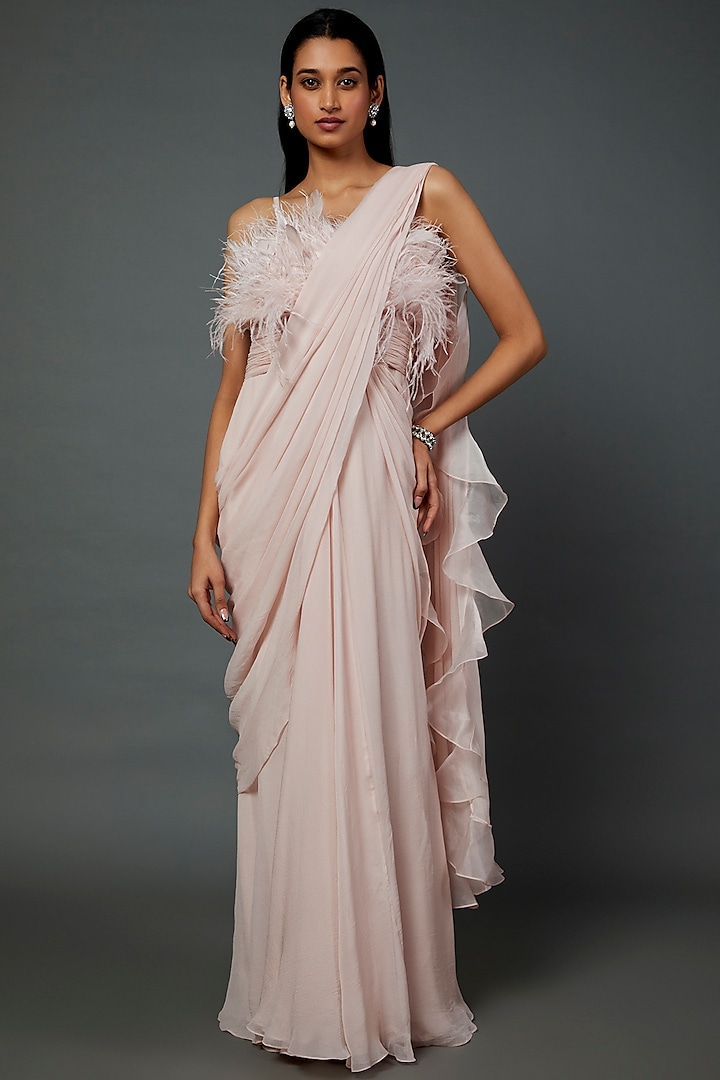 Blush Pink Chiffon Draped Gown Saree by Ridhi Mehra