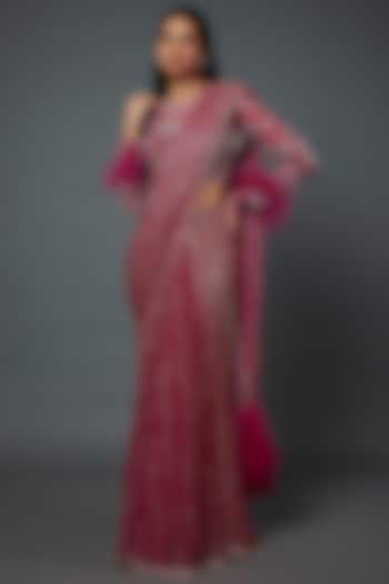 Red Organza Sequinned Saree Set by Ridhi Mehra at Pernia's Pop Up Shop