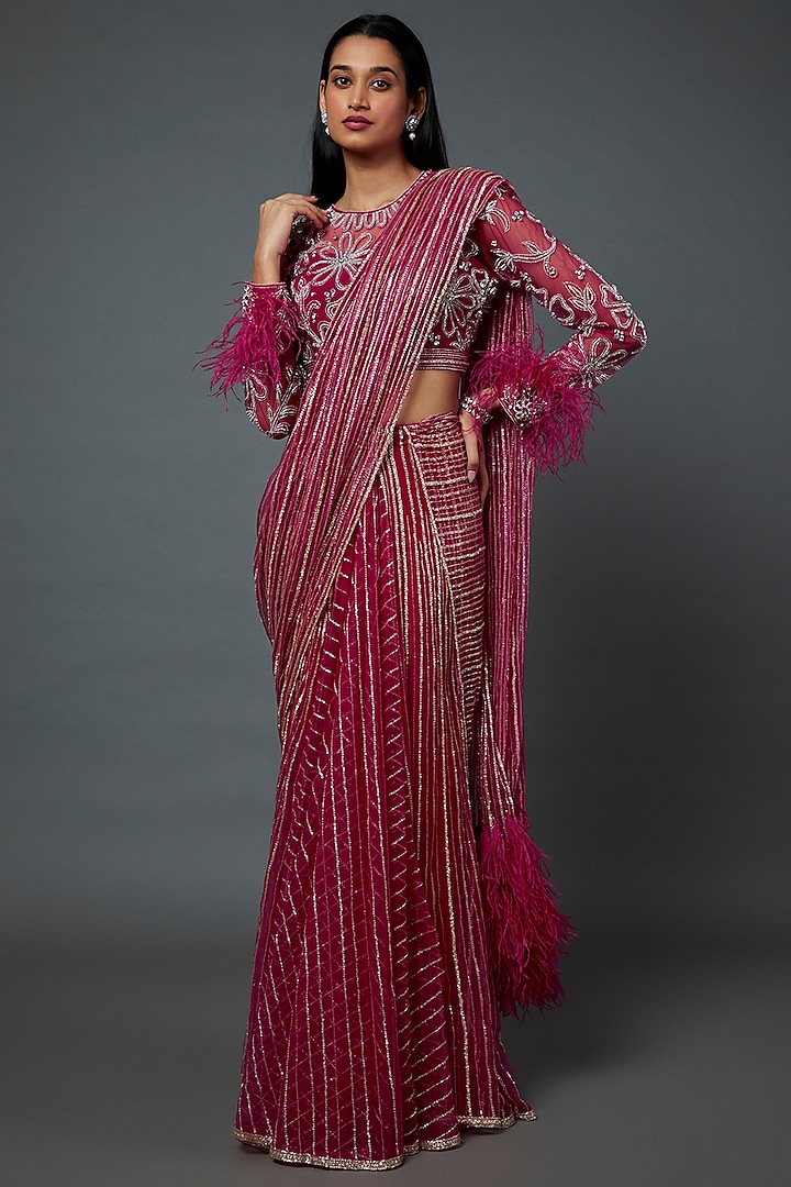 Red Organza Sequinned Saree Set by Ridhi Mehra at Pernia's Pop Up Shop